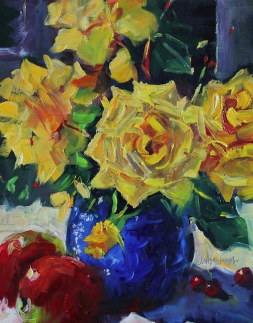 Jane McIntosh | Yellow Friesia in a blue vase|McAtamney Gallery and Design Store | Geraldine NZ